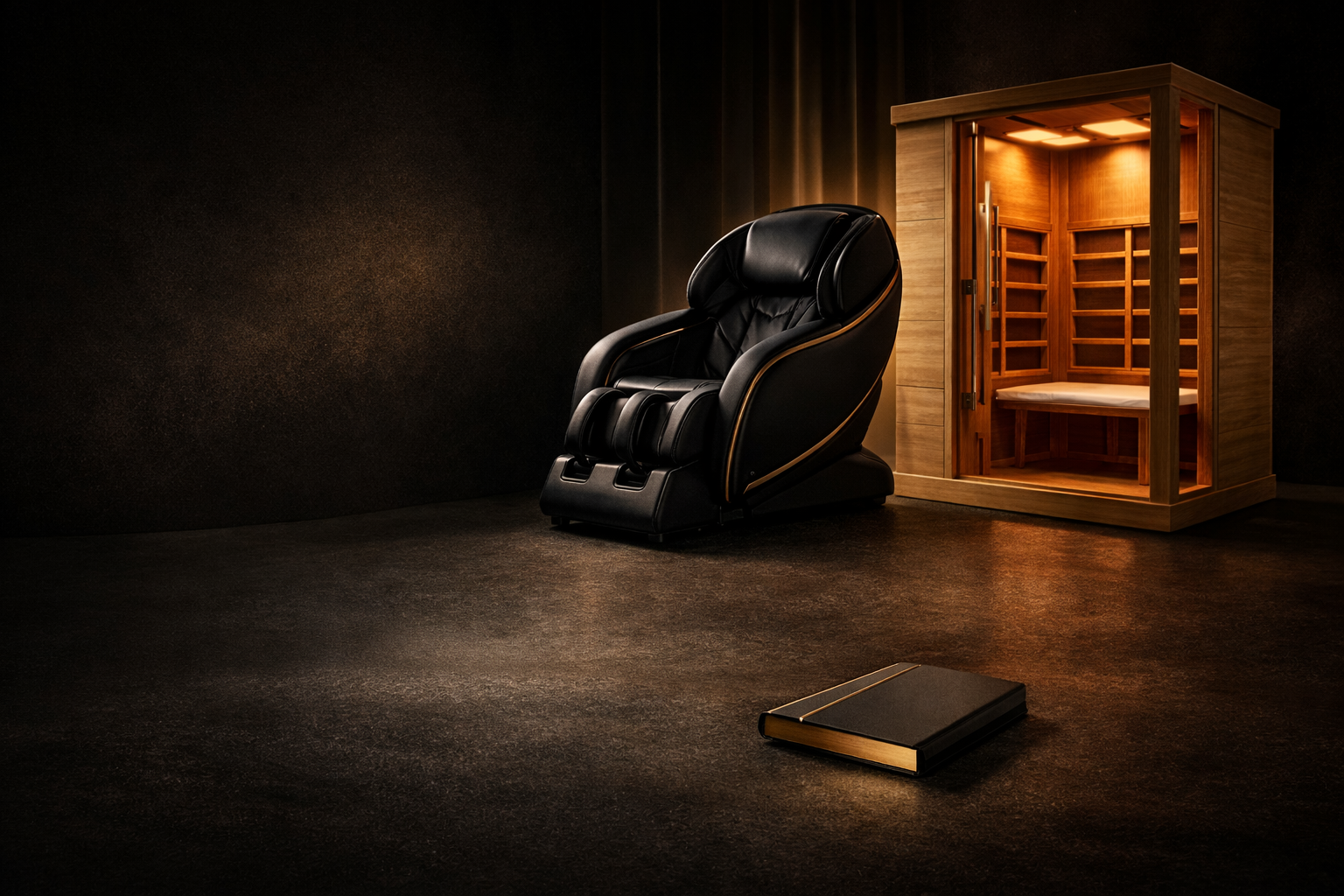 Ambiance spa premium : sauna infrarouge, fauteuil de massage 4D et guide (e-book) dans un univers sombre et doré