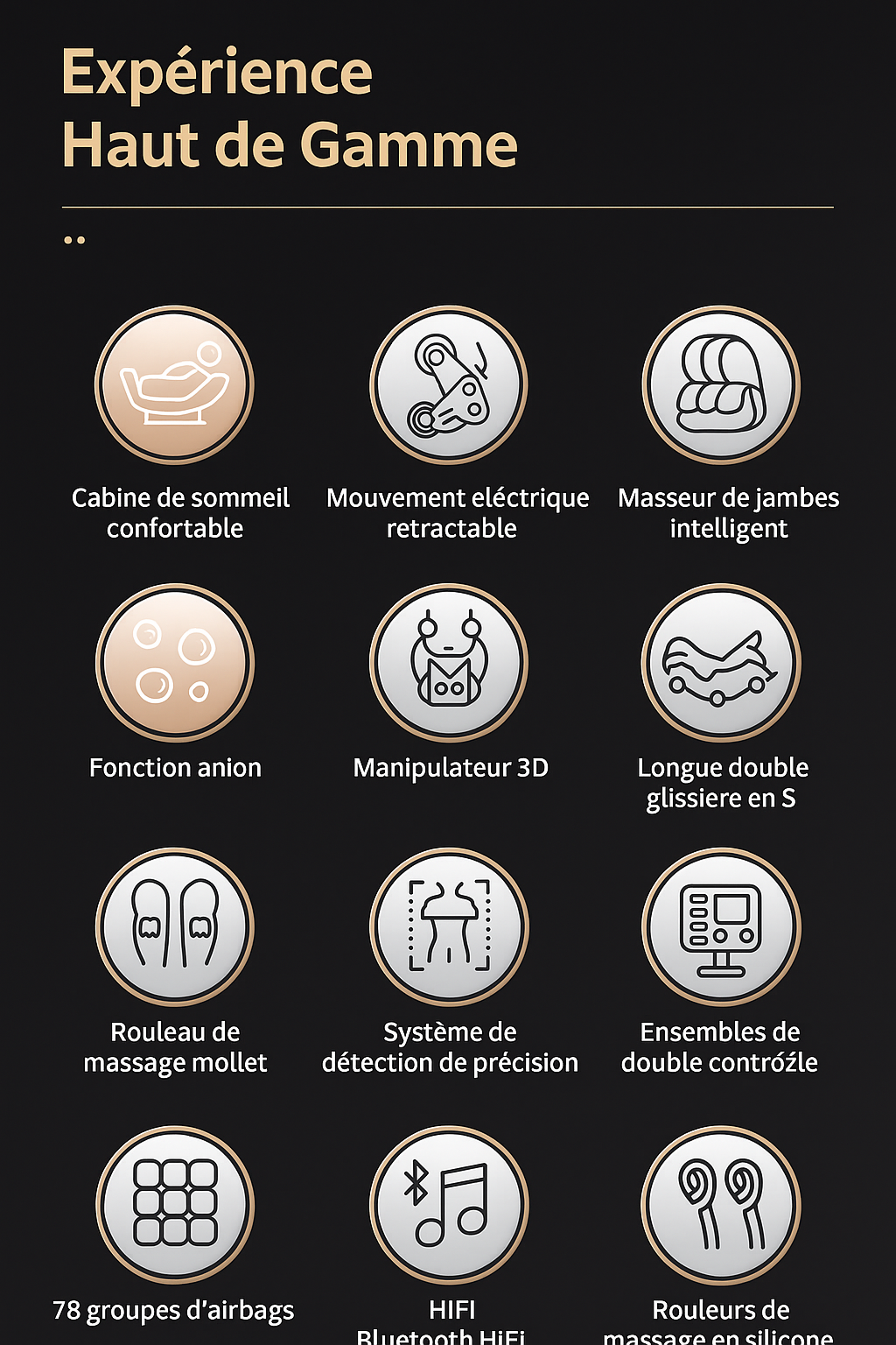 Rouleaux et airbags pour pieds et mollets, extension jambe automatique