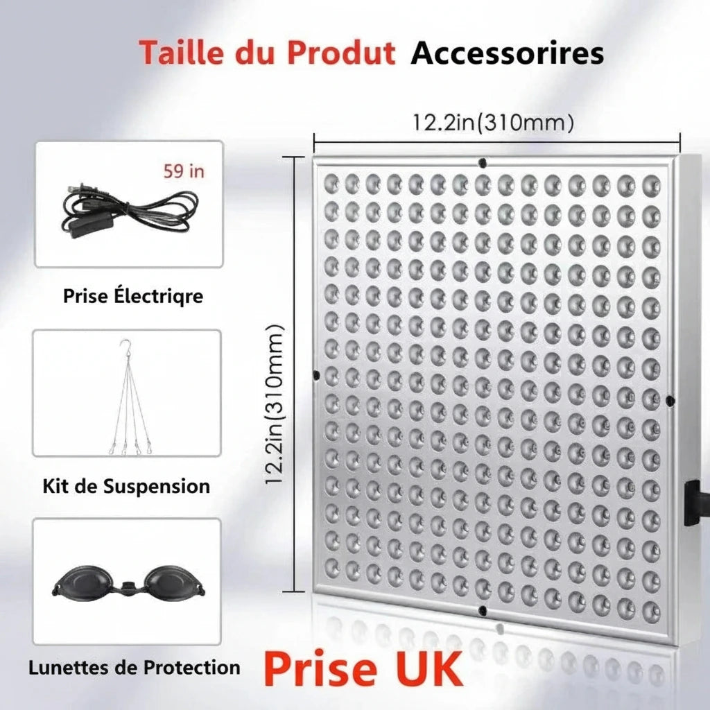 Gros plan des 225 LED 660/850 nm du panneau — détail des diodes