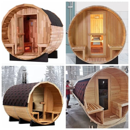 Détail des lames de bois et des cerclages métalliques du sauna tonneau