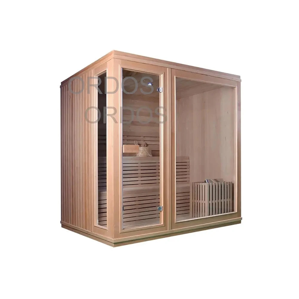 Sauna tonneau Q04 extérieur — façade vitrée 8 mm en Hemlock/Cèdre