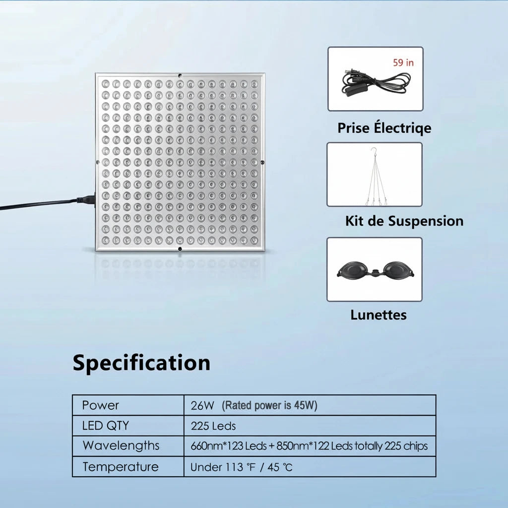 Gros plan des diodes 660/850 nm — finition premium