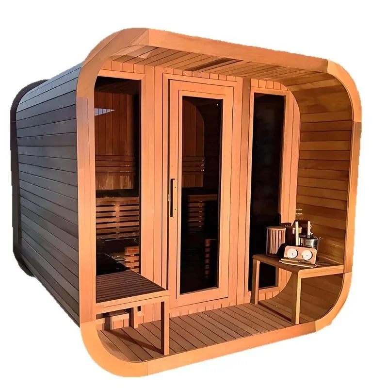 Sauna/Hammam HR-SW 4×2×2 m — façade verre, menuiserie Hemlock & Cèdre